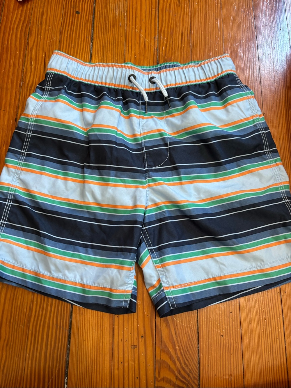 Boys Gap Kids Navy Stripe Swim Shorts with Green & Orange Accents